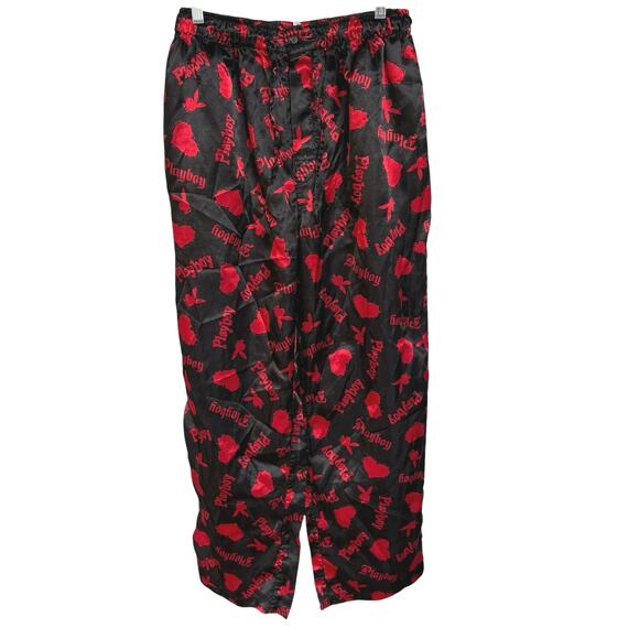 Playboy Bunny Silky Pajama Sleep Bottoms Black Pants Elastic Waist Mens Medium - Picture 1 of 9